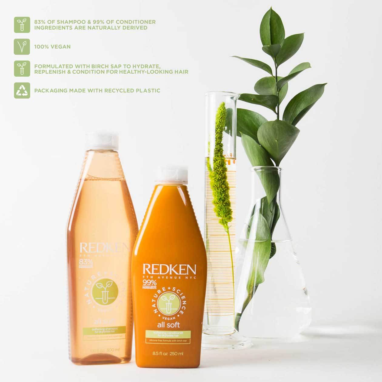 NATURE + SCIENCE ALL SOFT SULFATE-FREE SHAMPOO ENHANCE SOFTNESS WITH THIS HYDRATING SHAMPOO FORMULATED WITH NATURALLY-DERIVED INGREDIENTS
